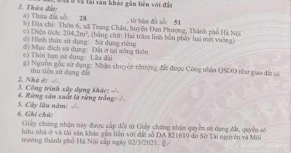 Bán đất chính chủ 204m2 tại đường Phương Vinh, xã Trung Châu, huyện Đan Phượng