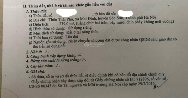 Nhà đất 3 MT 279m2 full tc. Đất sẵn nhà 2 tầng mới xây. Đ/c: Thái Phù, Mai Đình, Sóc Sơn, Hà Nội