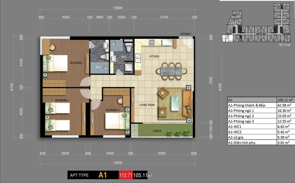 Thiết kế mặt bằng căn hộ 3 phòng ngủ A1