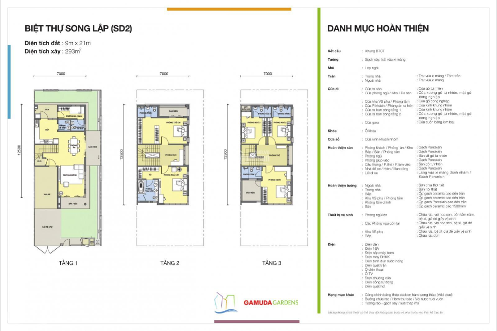 Bán biệt thự song lập Gamuda, sàn xây dựng 100m2. Lh: 0962686500