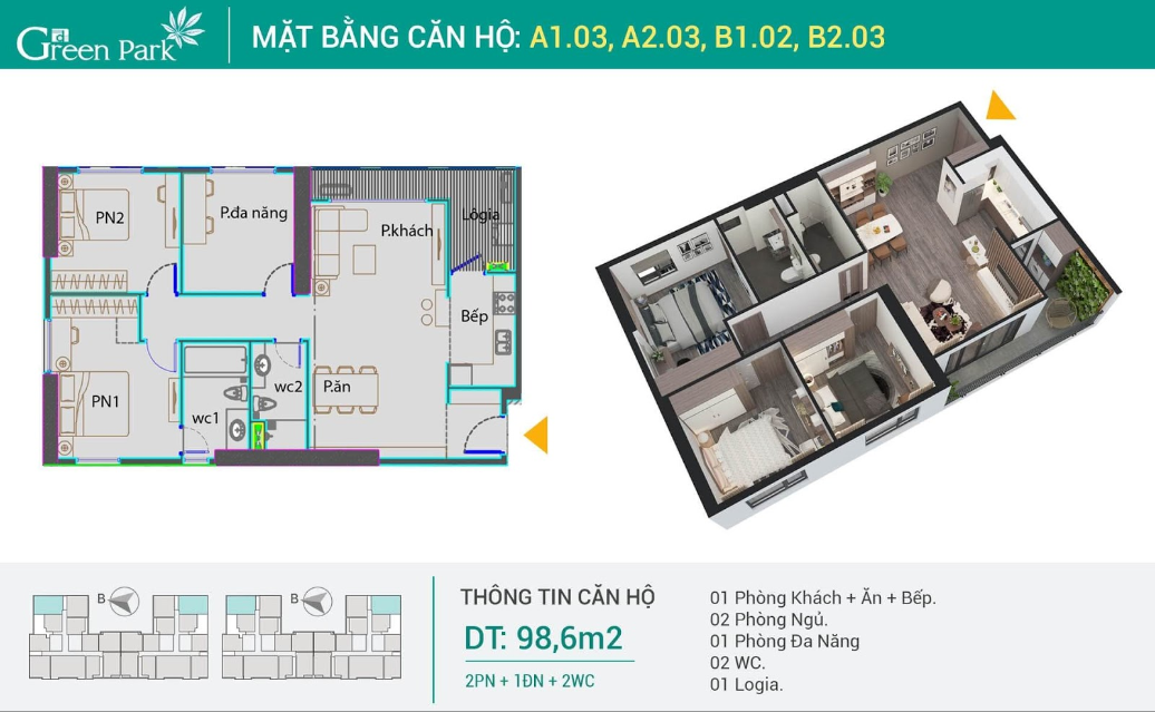 Thiết kế căn 3 phòng ngủ dự án Phương Đông Green Park